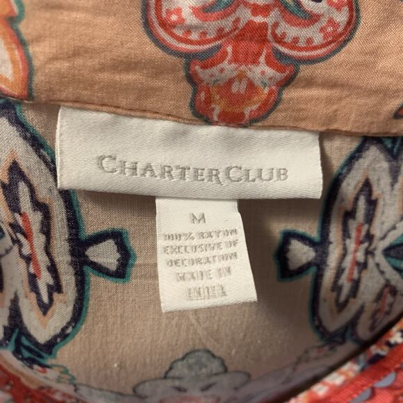 Charter Club Floral Tunic Top – Size Medium – NWT Boho Beaded Rayon Peach Coral - Picture 7 of 8